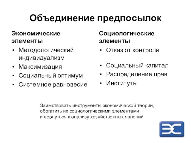 Объединение предпосылок Экономические элементы Методологический индивидуализм Максимизация Социальный оптимум Системное