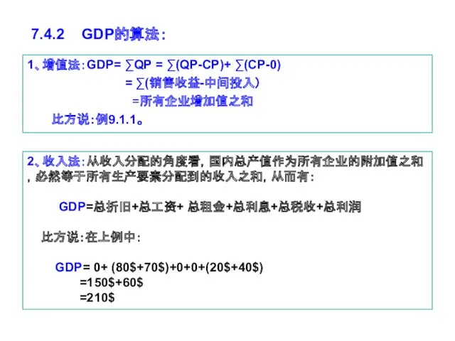 7.4.2 GDP的算法： 1、增值法：GDP= ∑QP = ∑(QP-CP)+ ∑(CP-0) = ∑(销售收益-中间投入） =所有企业增加值之和