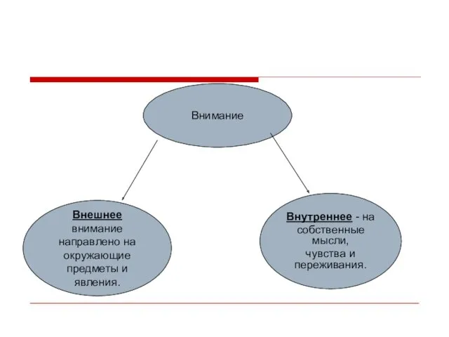 Внимание Внешнее внимание направлено на окружающие предметы и явления. Внутреннее