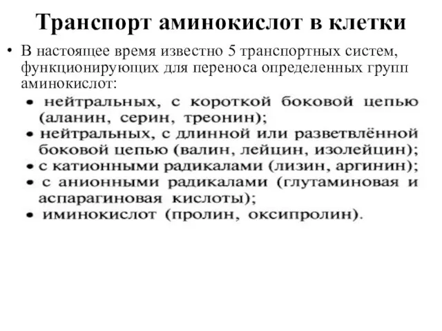 Транспорт аминокислот в клетки В настоящее время известно 5 транспортных