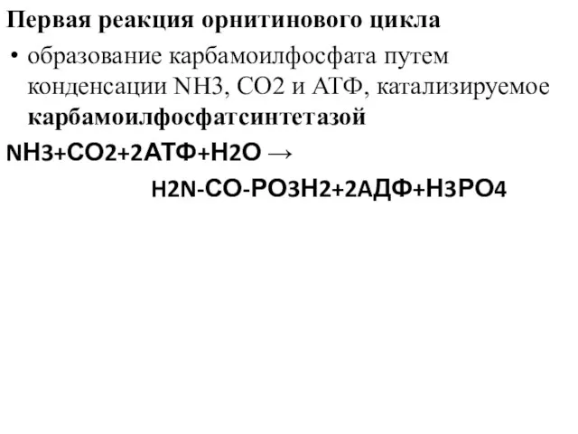 Первая реакция орнитинового цикла образование карбамоилфосфата путем конденсации NH3, CO2