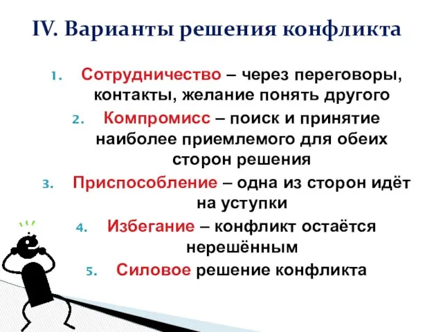 IV. Варианты решения конфликта Сотрудничество – через переговоры, контакты, желание