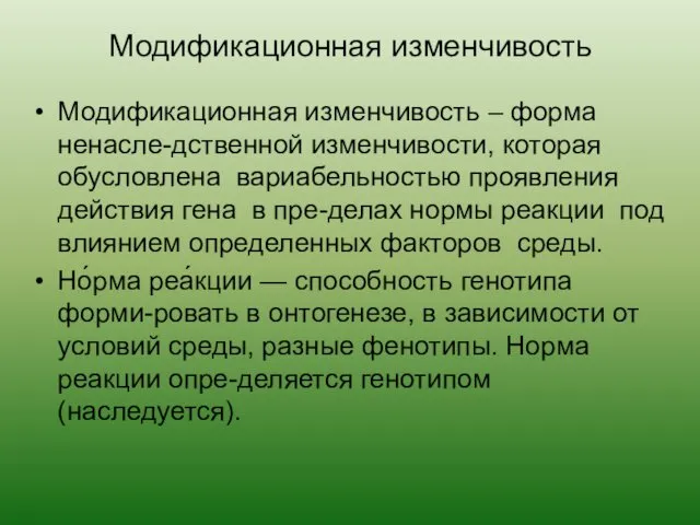 Модификационная изменчивость Модификационная изменчивость – форма ненасле-дственной изменчивости, которая обусловлена