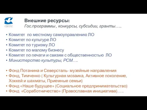 Внешние ресурсы: Гос.программы , конкурсы, субсидии, гранты….. Комитет по местному