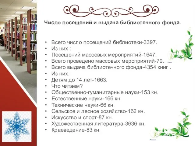 Число посещений и выдача библиотечного фонда. Всего число посещений библиотеки-3397. Из них :