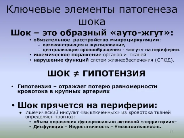 Ключевые элементы патогенеза шока Шок – это образный «ауто-жгут»: обязательное