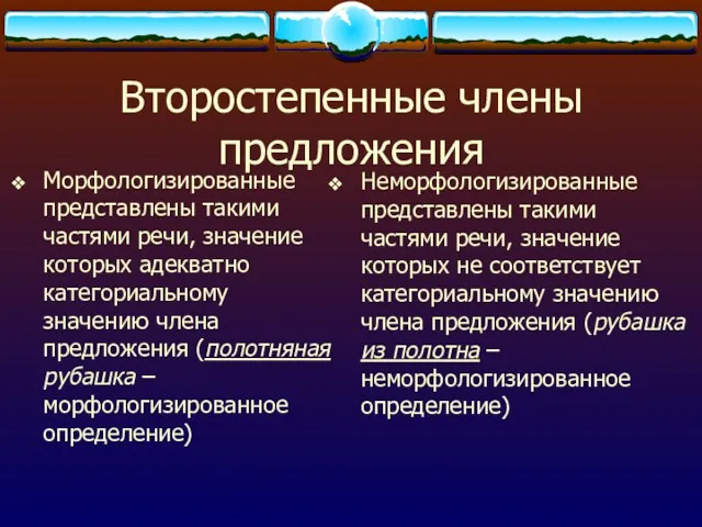 Второстепенные члены предложения Морфологизированные представлены такими частями речи, значение которых