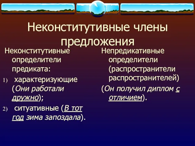 Неконститутивные члены предложения Неконститутивные определители предиката: характеризующие (Они работали дружно);