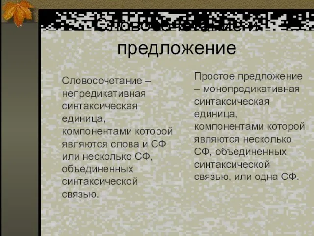 Словосочетание и предложение Словосочетание – непредикативная синтаксическая единица, компонентами которой