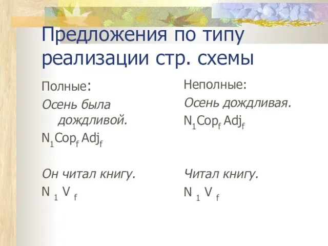 Предложения по типу реализации стр. схемы Полные: Осень была дождливой.