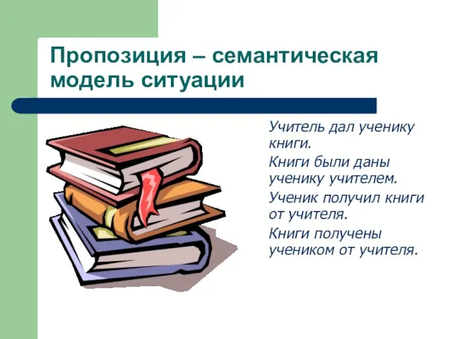 Пропозиция – семантическая модель ситуации Учитель дал ученику книги. Книги