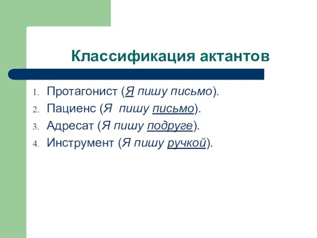 Классификация актантов Протагонист (Я пишу письмо). Пациенс (Я пишу письмо).