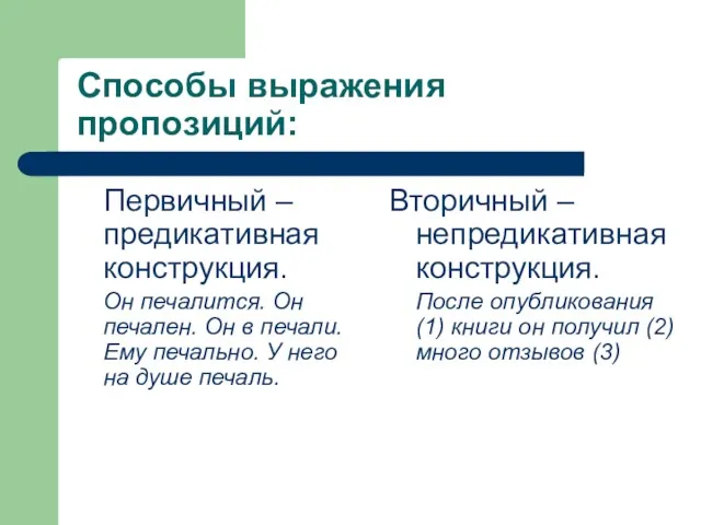 Способы выражения пропозиций: Первичный –предикативная конструкция. Он печалится. Он печален.