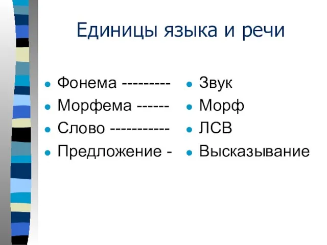 Единицы языка и речи Фонема --------- Морфема ------ Слово ----------- Предложение - Звук Морф ЛСВ Высказывание