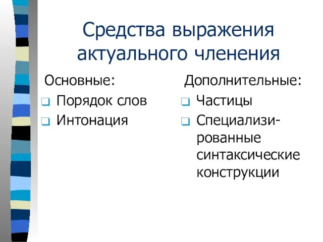 Средства выражения актуального членения Основные: Порядок слов Интонация Дополнительные: Частицы Специализи-рованные синтаксические конструкции