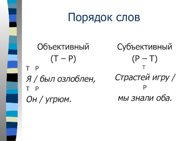 Порядок слов Объективный (Т – Р) Т Р Я /