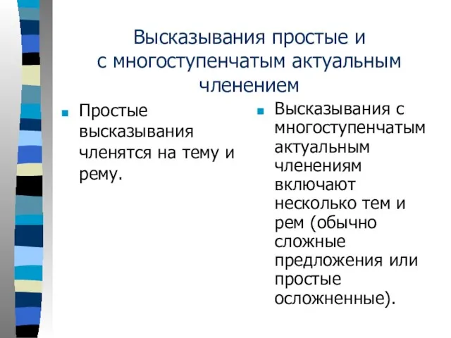 Высказывания простые и с многоступенчатым актуальным членением Простые высказывания членятся