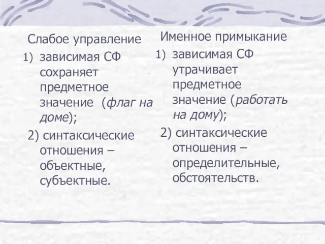 Слабое управление зависимая СФ сохраняет предметное значение (флаг на доме);