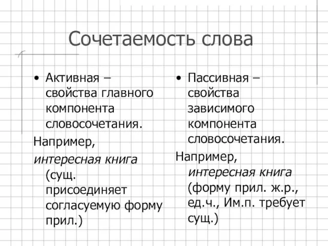 Сочетаемость слова Активная – свойства главного компонента словосочетания. Например, интересная