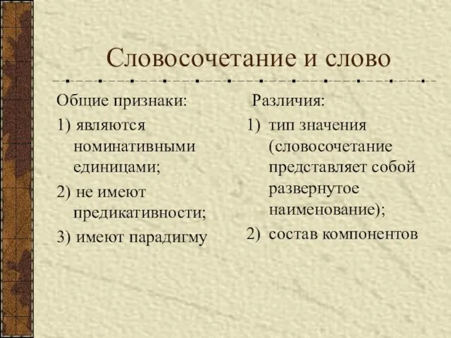 Словосочетание и слово Общие признаки: 1) являются номинативными единицами; 2)