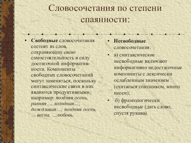 Словосочетания по степени спаянности: Свободные словосочетания состоят из слов, сохраняющих