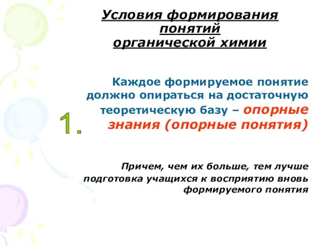 Условия формирования понятий органической химии Каждое формируемое понятие должно опираться на достаточную теоретическую