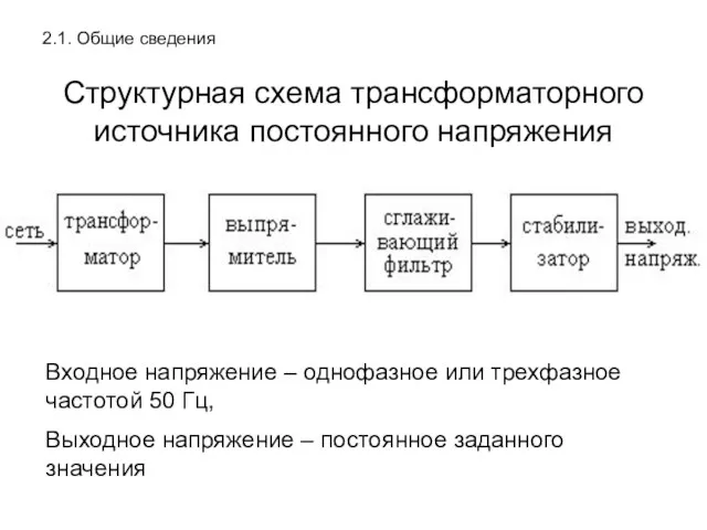 2.1. Общие сведения Структурная схема трансформаторного источника постоянного напряжения Входное напряжение – однофазное