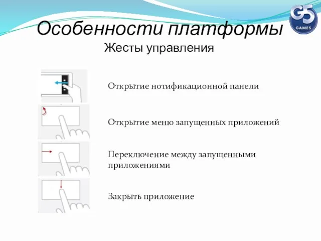 Особенности платформы Жесты управления Открытие нотификационной панели Открытие меню запущенных