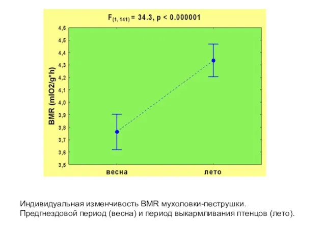Индивидуальная изменчивость BMR мухоловки-пеструшки. Предгнездовой период (весна) и период выкармливания птенцов (лето).
