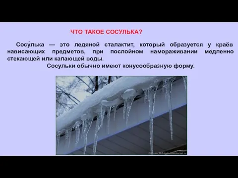 Сосу́лька — это ледяной сталактит, который образуется у краёв нависающих