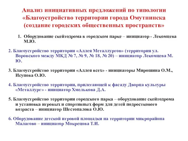 Анализ инициативных предложений по типологии «Благоустройство территории города Омутнинска (создание городских общественных пространств»