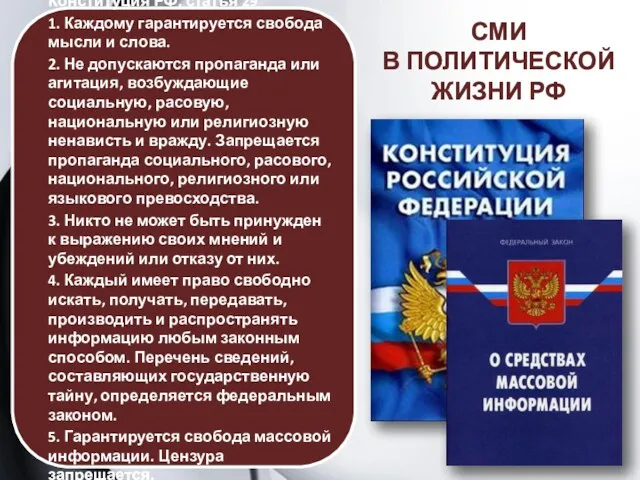 Конституция РФ, статья 29 1. Каждому гарантируется свобода мысли и
