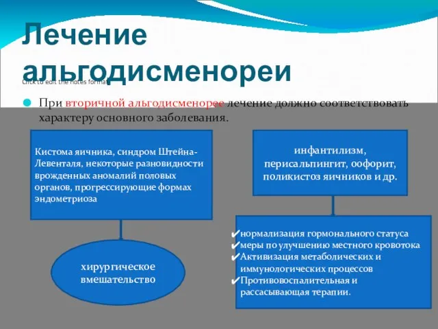 Лечение альгодисменореи При вторичной альгодисменорее лечение должно соответствовать характеру основного