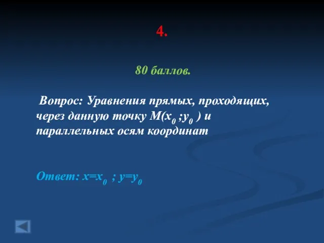 4. 80 баллов. Вопрос: Уравнения прямых, проходящих, через данную точку