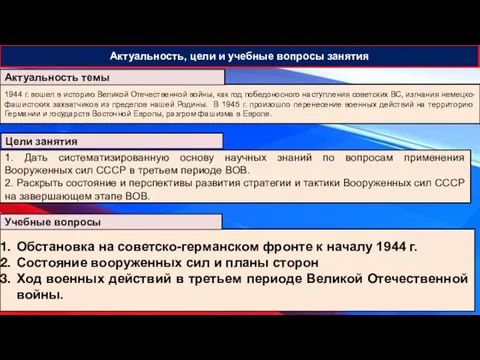 Актуальность, цели и учебные вопросы занятия 1944 г. вошел в