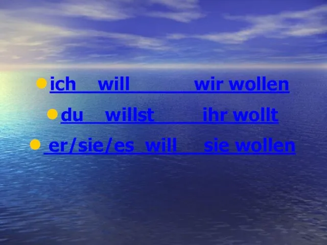 ich will wir wollen du willst ihr wollt er/sie/es will sie wollen