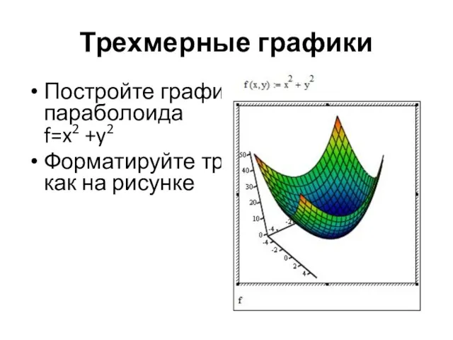 Трехмерные графики Постройте графики эллиптического параболоида f=x2 +y2 Форматируйте трехмерный график как на рисунке
