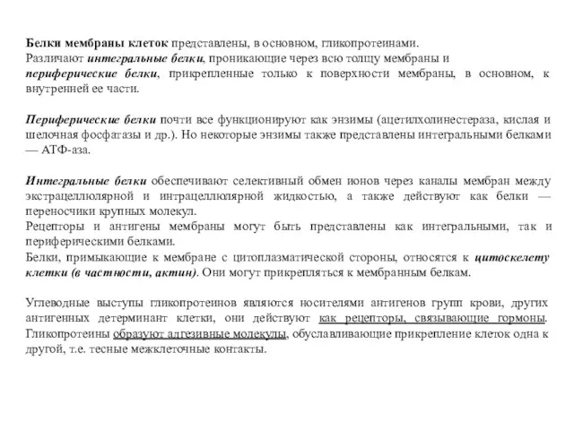 Белки мембраны клеток представлены, в основном, гликопротеинами. Различают интегральные белки, проникающие через всю