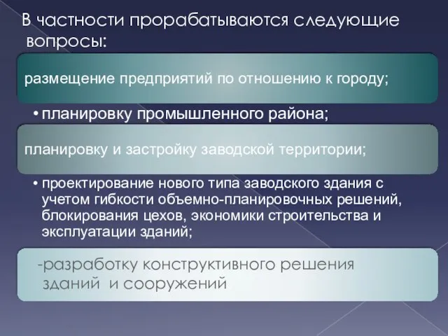 В частности прорабатываются следующие вопросы: разработку конструктивного решения зданий и сооружений.