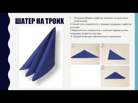 ШАТЕР НА ТРОИХ Исходная форма салфетка сложена по диагонали (сгиб