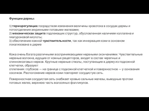 Функции дермы: 1) терморегуляция посредством изменения величины кровотока в сосудах дермы и потоотделения