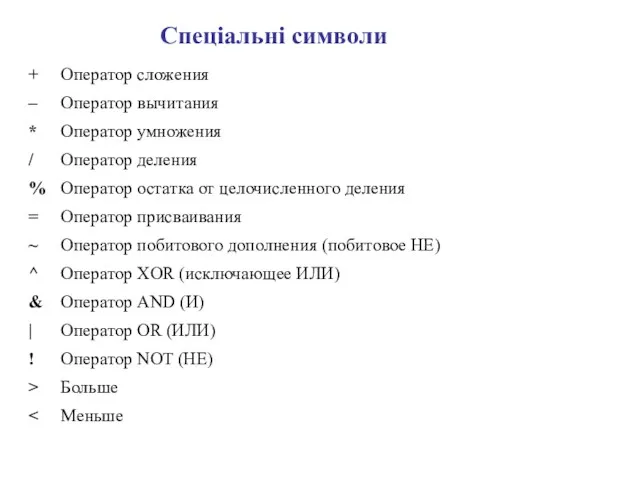 + Оператор сложения – Оператор вычитания * Оператор умножения /