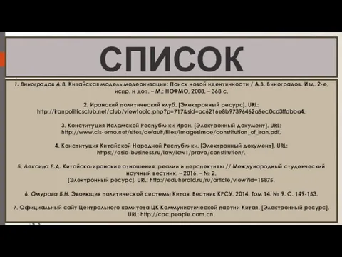 СПИСОК ЛИТЕРАТУРЫ 1. Виноградов А.В. Китайская модель модернизации: Поиск новой