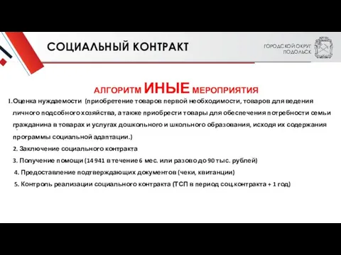 ГОРОДСКОЙ ОКРУГ ПОДОЛЬСК АЛГОРИТМ ИНЫЕ МЕРОПРИЯТИЯ Оценка нуждаемости (приобретение товаров