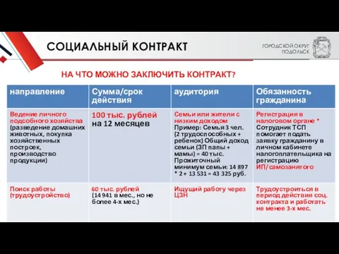 ГОРОДСКОЙ ОКРУГ ПОДОЛЬСК . СОЦИАЛЬНЫЙ КОНТРАКТ НА ЧТО МОЖНО ЗАКЛЮЧИТЬ КОНТРАКТ?