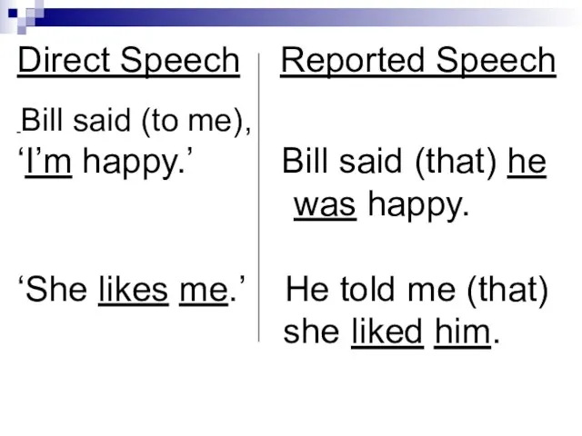 Direct Speech Reported Speech Bill said (to me), ‘I’m happy.’