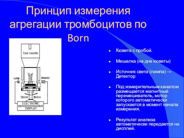 Принцип измерения агрегации тромбоцитов по Born Кювета с пробой. Мешалка