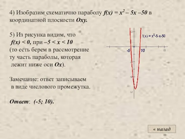 4) Изобразим схематично параболу f(x) = x2 – 5x –50