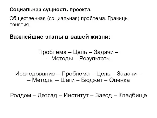 Общественная (социальная) проблема. Границы понятия. Важнейшие этапы в вашей жизни: