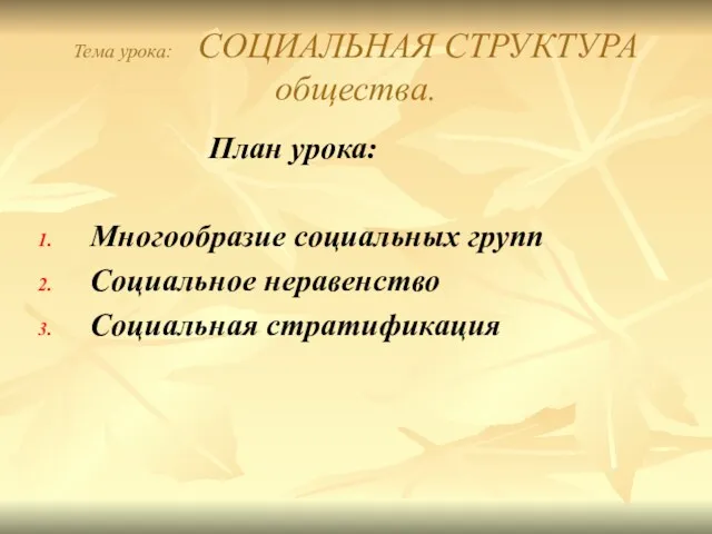 Тема урока: СОЦИАЛЬНАЯ СТРУКТУРА общества. План урока: Многообразие социальных групп Социальное неравенство Социальная стратификация